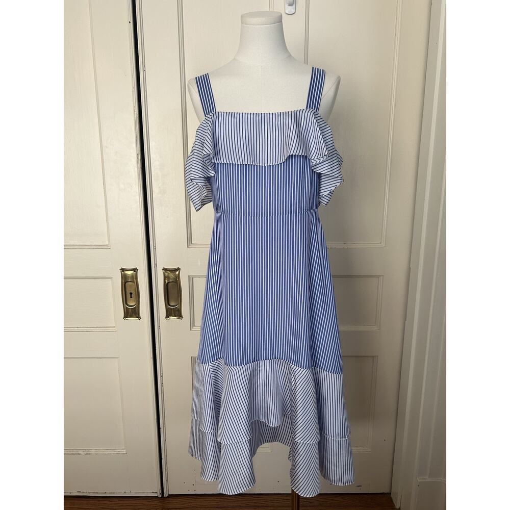 J. Crew Silk Striped Cold Shoulder Midi Dress Womens Size 6 Blue White Classic - Picture 1 of 8